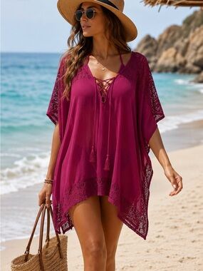 Merona Women’s Lace-Trim V-Neck Tunic Top in Deep Raspberry
